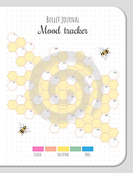 Mood tracker with honeycombs and bees for 31 days of a month.