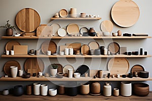 Moodboard of wooden utensils such as trays dishes jars and containers photo