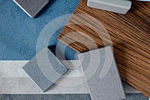 Moodboards showing samples of materials for stylization and choice of architects, including fabric wallpaper, quartz stone,