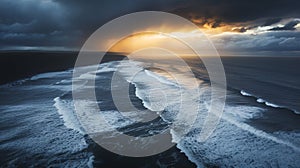 Moody Aerial Landscape Depict a dramatic aerial view of a vast coastline during a stormy sunset photo