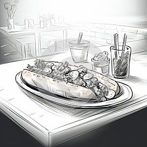Moody Atmosphere: A Sketch Of A Hot Dog With Toppings And Dill Pickles