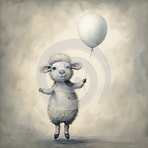 Moody Atmosphere: White Sheep With Balloon In Soft Color Blending photo