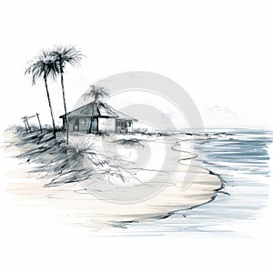 Moody Beach Cottage Sketch With Palm Trees