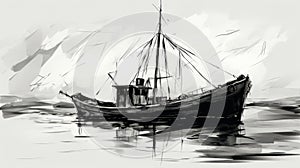 Moody Black And White Digital Painting Of A Fishing Boat