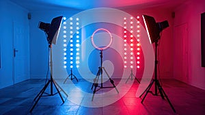 Moody Blue and Red Studio Setup: Ring Light, LED Neon Lamp, and DSLR Camera on Tripods