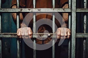 Moody close-up of the hands of a white Caucasian convict incarcerated in a dark prison cell behind bars