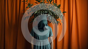 Moody Colors And Odd Juxtapositions A Woman In A Dress With A Plant On Her Head