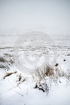 Moody dramatic low cloud Winter landscape in mountains with snow