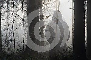 A moody forest. With sunlight silhouetting the trees, on a misty winters day. With a spooky hooded figure over layered on top.