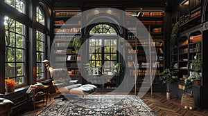 Moody home library with dark shelves a ladder