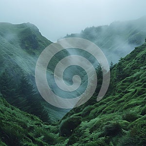 Moody landscape of fog over mountain