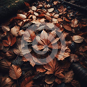 Moody leaves lie on forest floor in dark red and browns