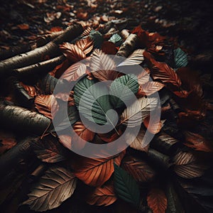 Moody leaves lie on forest floor in dark red and browns