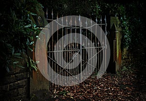 Moody, low-key Photo of Rusty Iron Gates Ajar