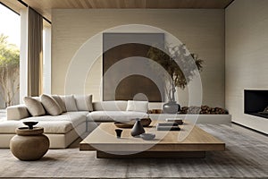 Moody Luxury Interior Design of A Modern Living Room with Earth Tones and Brown Wall Art