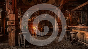 Moody medieval tavern inn bar interior lit by daylight through a window with shield decorations and burning fire in the background