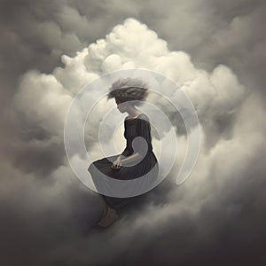 Moody Monotones: A Captivating Painting Of A Woman Sitting On Cloud Top