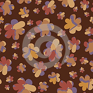 Moody naive daisy bloom seamless pattern. Tossed hand drawn floral background. Brown marble spice color muted tones. All over