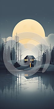 Moody Night: House And Lake Illustration With Minimalist Artistic Style