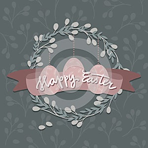 moody pastel Easter illustration with botanical wreath and Happy Easter wishes