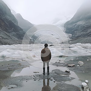 Moody Realism: Person Standing In Front Of Glacier At Calm Water
