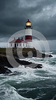 Moody seascape with a lighthouse standing tall. Strong waves crash against the rocky coastline photo