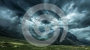 moody sky with stormy clouds. mountain view landscape. Ai generated