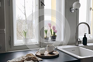 Moody springtime breakfast still life. Cup of coffee, milk pitcher on wooden tray. Blurred window background. Vintage