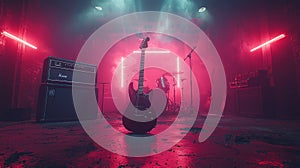 stage setup with electric guitar and drum kit