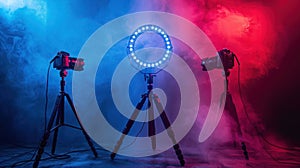 Moody Studio Setup with Ring Light, LED Neon Lamp, and DSLR Camera on Tripods in Blue and Red Lighting