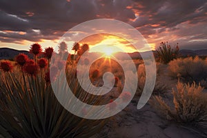 moody sunset over flowering desert plants