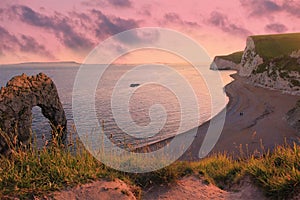 Moody sunset scenery, durdle door beach, dorset