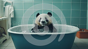 Moody And Surreal: Panda Bathing In Bathtub photo