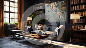 Moody Tonalism: Elegant Living Room With World Map
