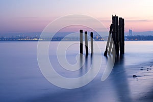 Moody twilight over tricity area, view from gdynia orlowo on Baltic sea in poland