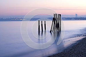 Moody twilight over tricity area, view from gdynia orlowo on Baltic sea in poland