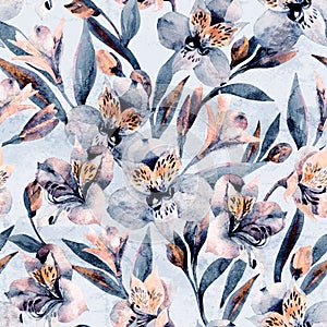 Moody watercolor alstroemeria flowers seamless pattern photo