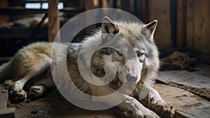 Moody Wolf In Barn: Intense Gaze And Soft Light