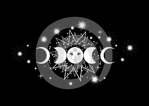 Triple moon pagan Wiccan goddess symbol sun system moon phases orbits of planets energy circle