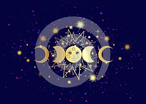 Triple moon pagan Wiccan goddess symbol sun system moon phases orbits of planets energy circle