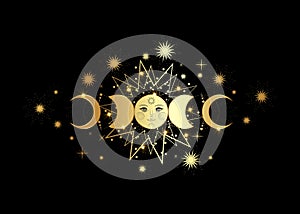 Triple moon, gold pagan Wiccan goddess symbol, sun system, moon phases, orbits of planets, energy circle. Sacred geometry