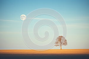 moon aligning with a lonely tree in a field