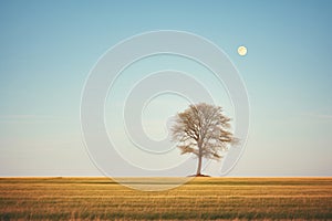 moon aligning with a lonely tree in a field