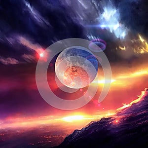 Earth and moon on sunset ,  night alien planet space starry sky flares cosmic fantastic background