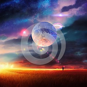 Earth and moon on sunset ,  night alien planet space starry sky flares cosmic fantastic background