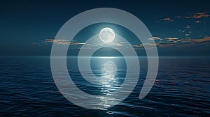 Moon with blue Night sky and beautiful clouds reflection in sea landscape AI generated