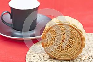 Moon cake on a bamboo mat