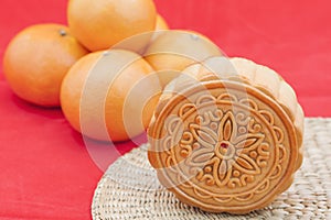 Moon cake on a bamboo mat