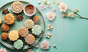 Moon cake, Mid-Autumn Festival concept, Top view of Dessert on pastel background