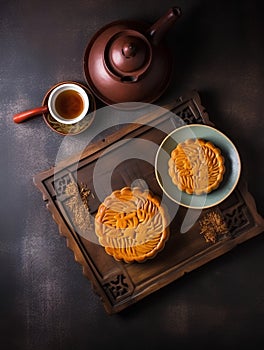 Moon cake and tea on dark background. Chinese mid autumn festival food.